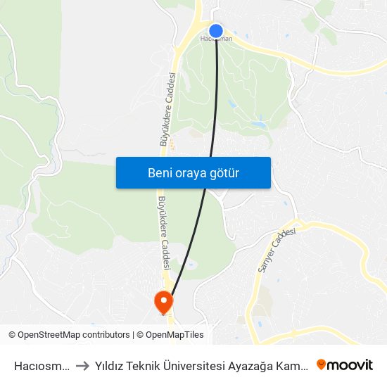 Hacıosman to Yıldız Teknik Üniversitesi Ayazağa Kampüsü map