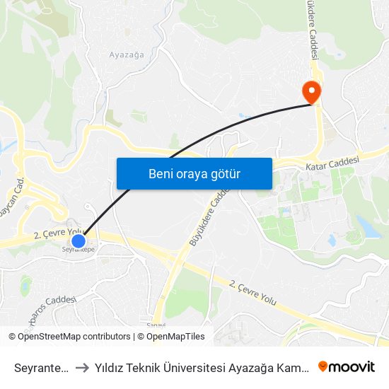Seyrantepe to Yıldız Teknik Üniversitesi Ayazağa Kampüsü map
