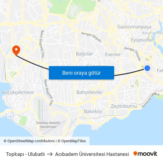 Topkapı - Ulubatlı to Acıbadem Üniversitesi Hastanesi map