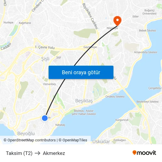 Taksim (T2) to Akmerkez map
