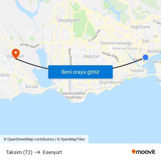 Taksim (T2) to Esenyurt map