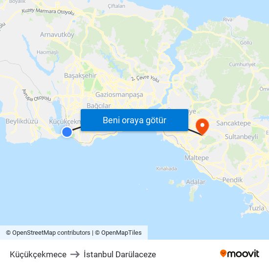 Küçükçekmece to İstanbul Darülaceze map
