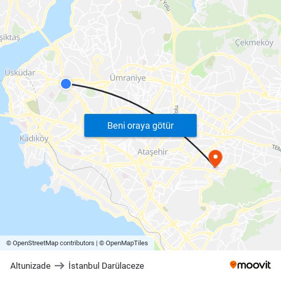 Altunizade to İstanbul Darülaceze map