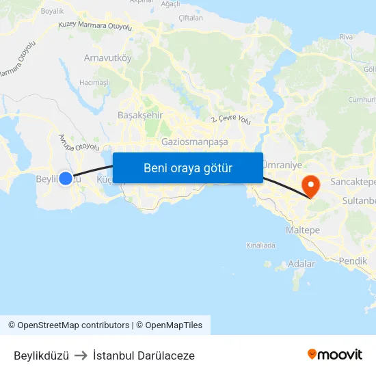 Beylikdüzü to İstanbul Darülaceze map