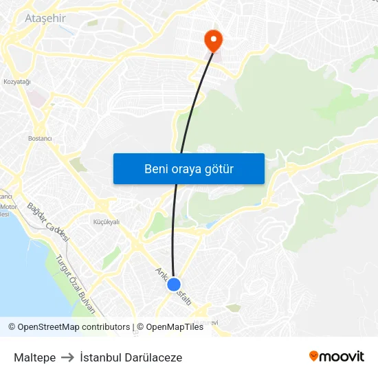 Maltepe to İstanbul Darülaceze map