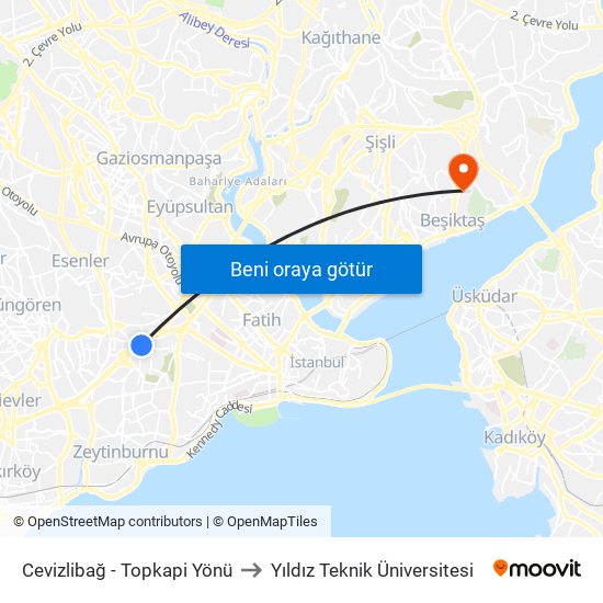 Cevizlibağ - Topkapi Yönü to Yıldız Teknik Üniversitesi map