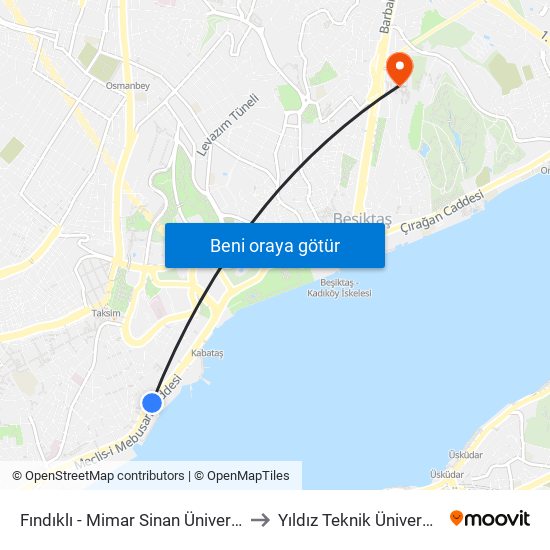 Fındıklı - Mimar Sinan Üniversitesi to Yıldız Teknik Üniversitesi map