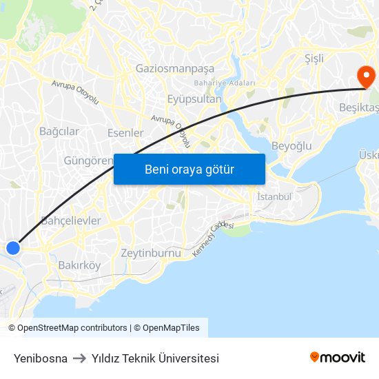 Yenibosna to Yıldız Teknik Üniversitesi map