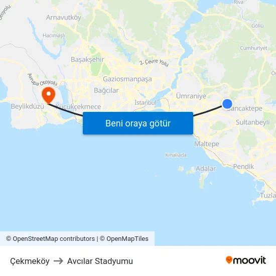 Çekmeköy to Avcılar Stadyumu map