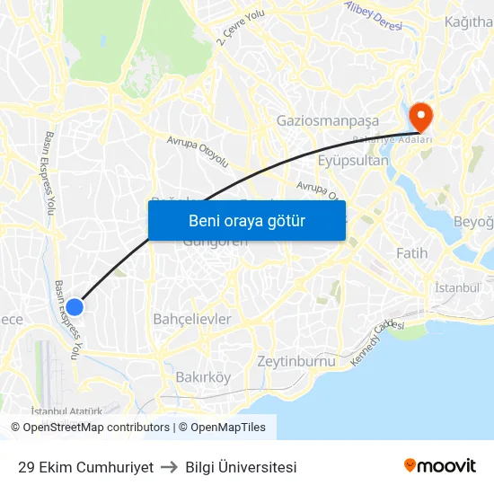 29 Ekim Cumhuriyet to Bilgi Üniversitesi map