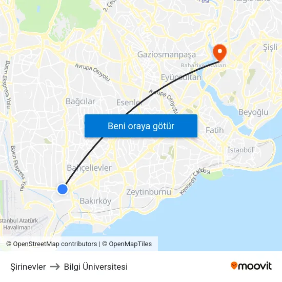 Şirinevler to Bilgi Üniversitesi map