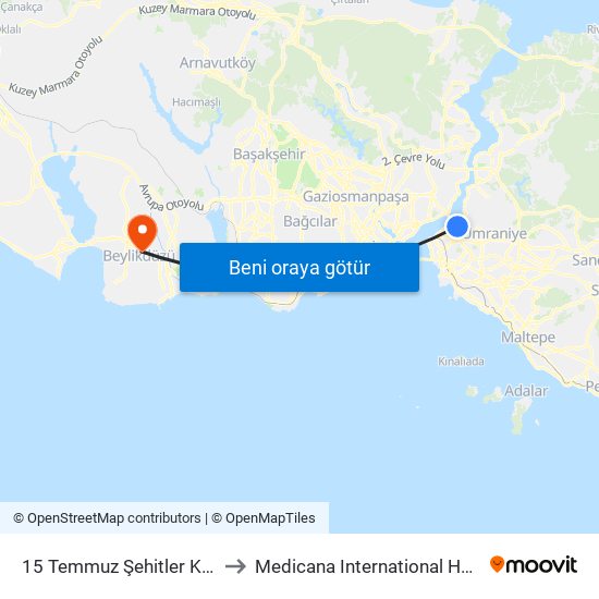 15 Temmuz Şehitler Köprüsü to Medicana International Hastanesi map