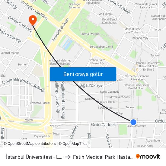 İstanbul Üniversitesi - Laleli to Fatih Medical Park Hastanesi map