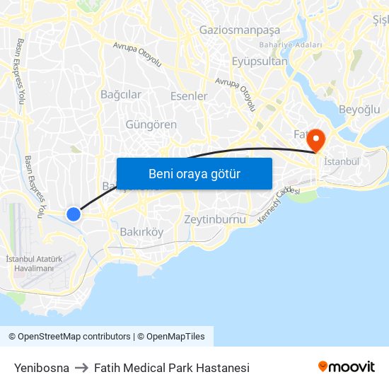 Yenibosna to Fatih Medical Park Hastanesi map