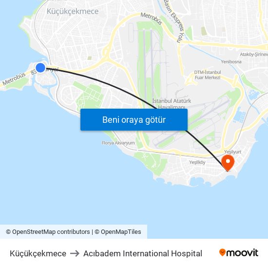 Küçükçekmece to Acıbadem International Hospital map