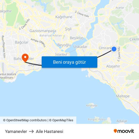 Yamanevler to Aile Hastanesi map