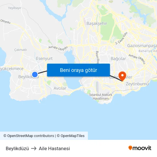 Beylikdüzü to Aile Hastanesi map