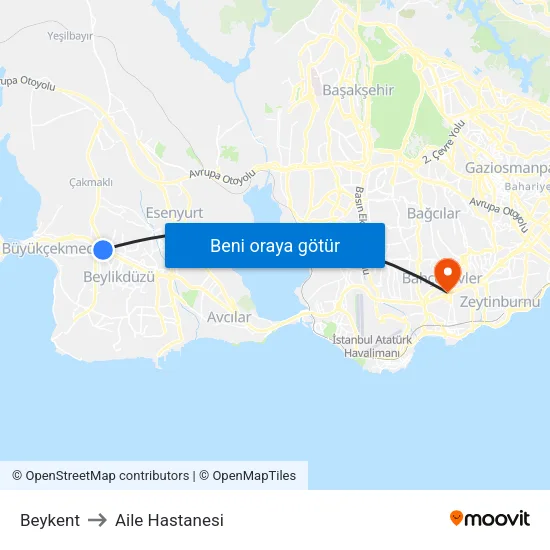 Beykent to Aile Hastanesi map
