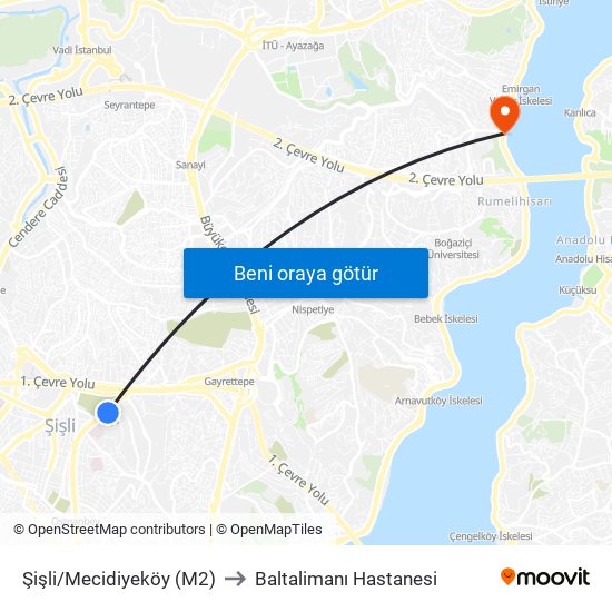 Şişli/Mecidiyeköy (M2) to Baltalimanı Hastanesi map