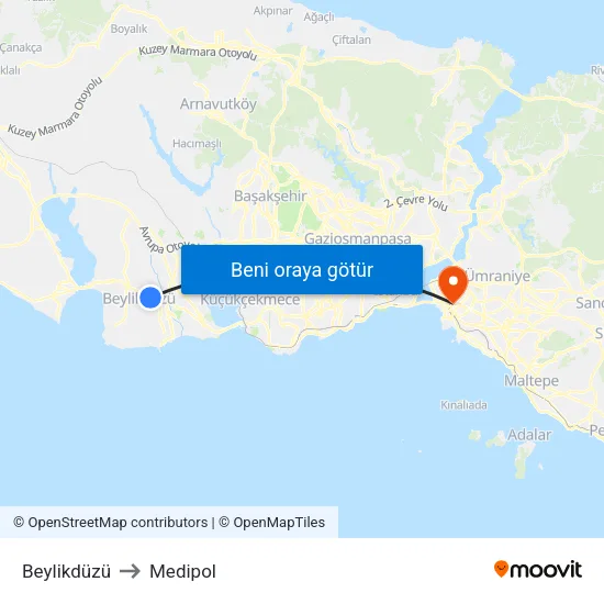 Beylikdüzü to Medipol map