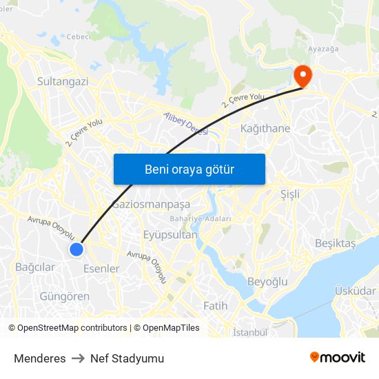 Menderes to Nef Stadyumu map