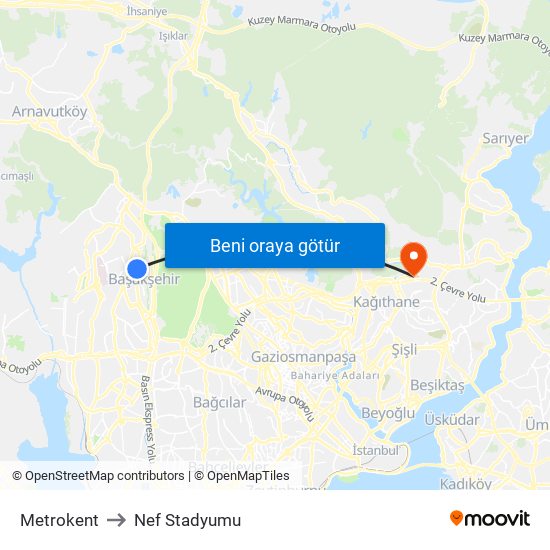 Metrokent to Nef Stadyumu map