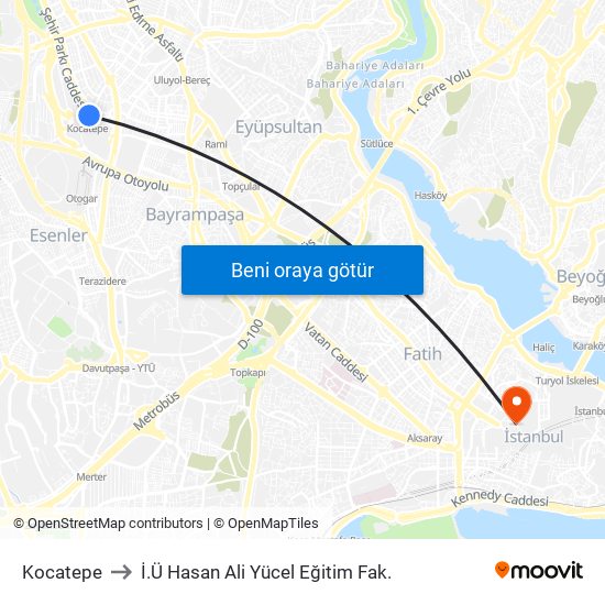 Kocatepe to İ.Ü Hasan Ali Yücel Eğitim Fak. map