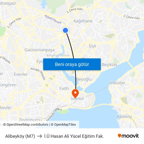 Alibeyköy (M7) to İ.Ü Hasan Ali Yücel Eğitim Fak. map