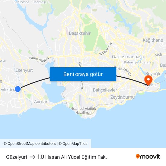 Güzelyurt to İ.Ü Hasan Ali Yücel Eğitim Fak. map