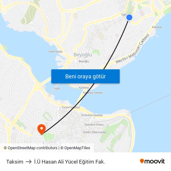 Taksim to İ.Ü Hasan Ali Yücel Eğitim Fak. map