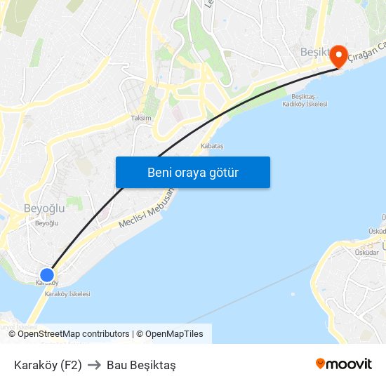 Karaköy (F2) to Bau Beşiktaş map
