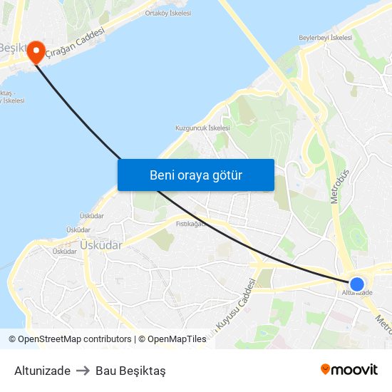 Altunizade to Bau Beşiktaş map