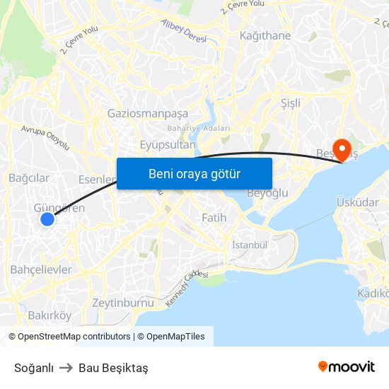 Soğanlı to Bau Beşiktaş map