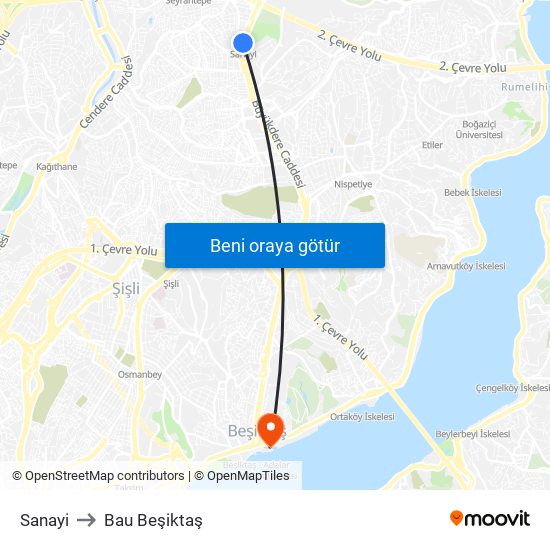 Sanayi to Bau Beşiktaş map