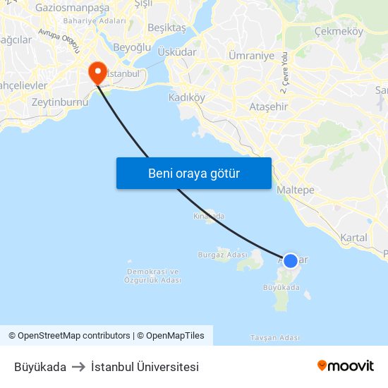 Büyükada to İstanbul Üniversitesi map
