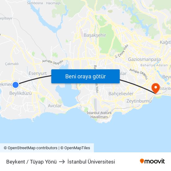 Beykent / Tüyap Yönü to İstanbul Üniversitesi map