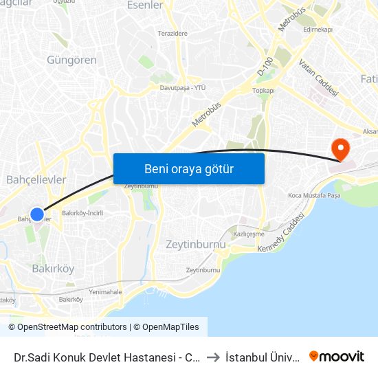 Dr.Sadi Konuk Devlet Hastanesi - Cevizlibag Yönü to İstanbul Üniversitesi map