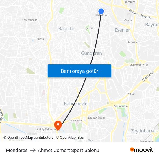 Menderes to Ahmet Cömert Sport Salonu map