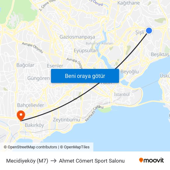 Mecidiyeköy (M7) to Ahmet Cömert Sport Salonu map