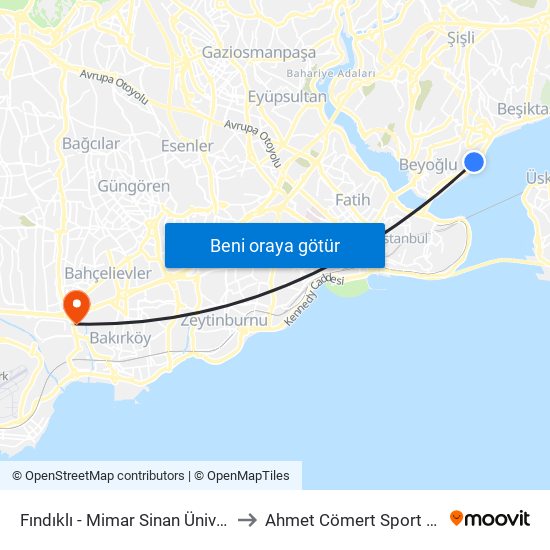 Fındıklı - Mimar Sinan Üniversitesi to Ahmet Cömert Sport Salonu map