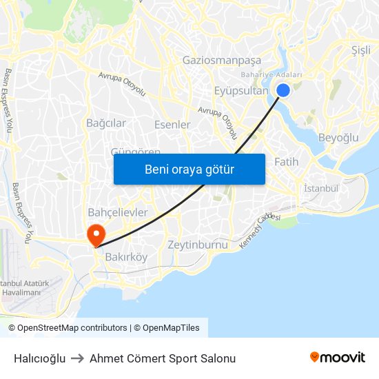 Halıcıoğlu to Ahmet Cömert Sport Salonu map