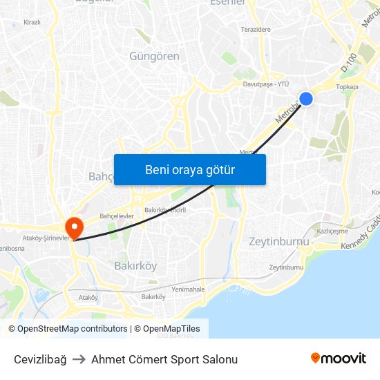 Cevizlibağ to Ahmet Cömert Sport Salonu map