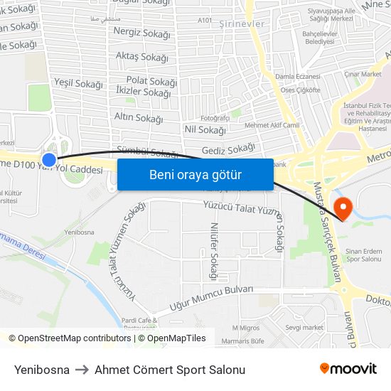 Yenibosna to Ahmet Cömert Sport Salonu map