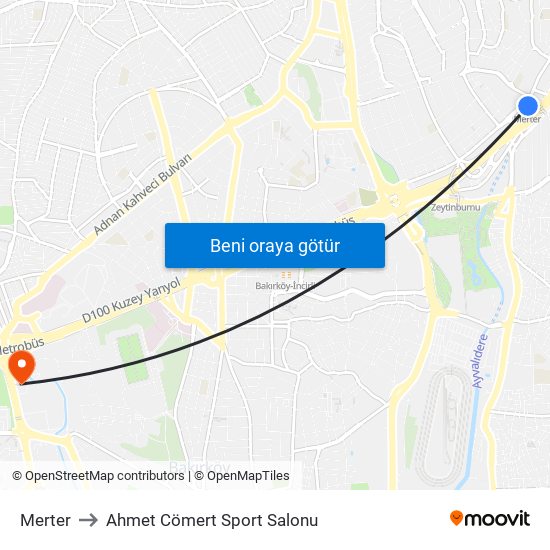 Merter to Ahmet Cömert Sport Salonu map