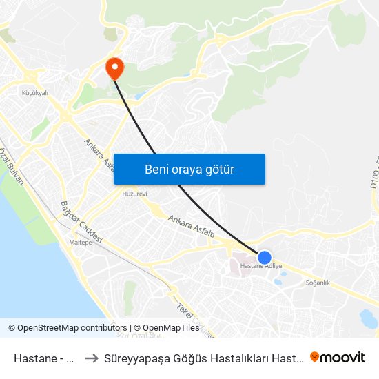 Hastane - Adliye to Süreyyapaşa Göğüs Hastalıkları Hastanesi D Blok map