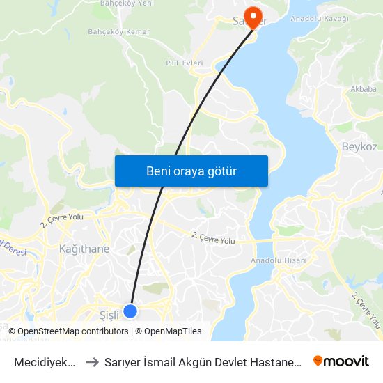 Mecidiyeköy (M7) to Sarıyer İsmail Akgün Devlet Hastanesi Ek Hizmet Binası map