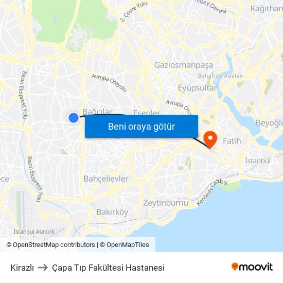 Kirazlı to Çapa Tıp Fakültesi Hastanesi map