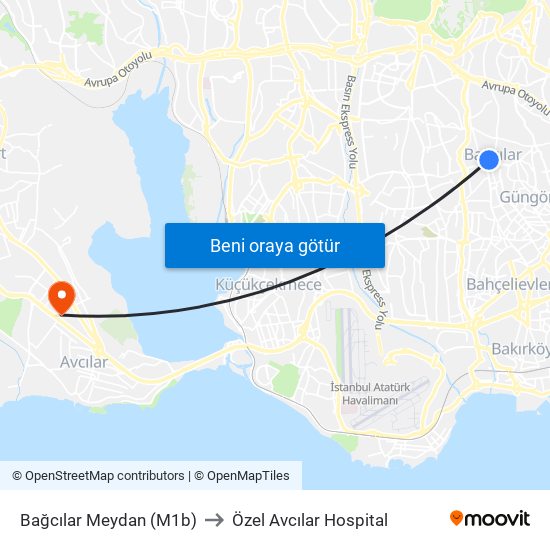 Bağcılar Meydan (M1b) to Özel Avcılar Hospital map