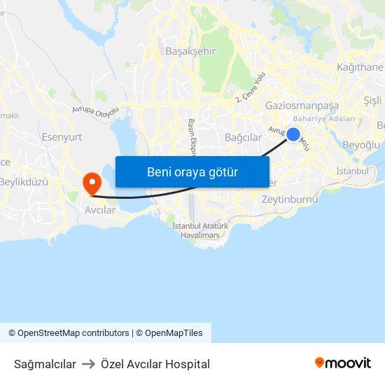 Sağmalcılar to Özel Avcılar Hospital map