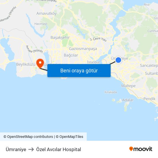 Ümraniye to Özel Avcılar Hospital map